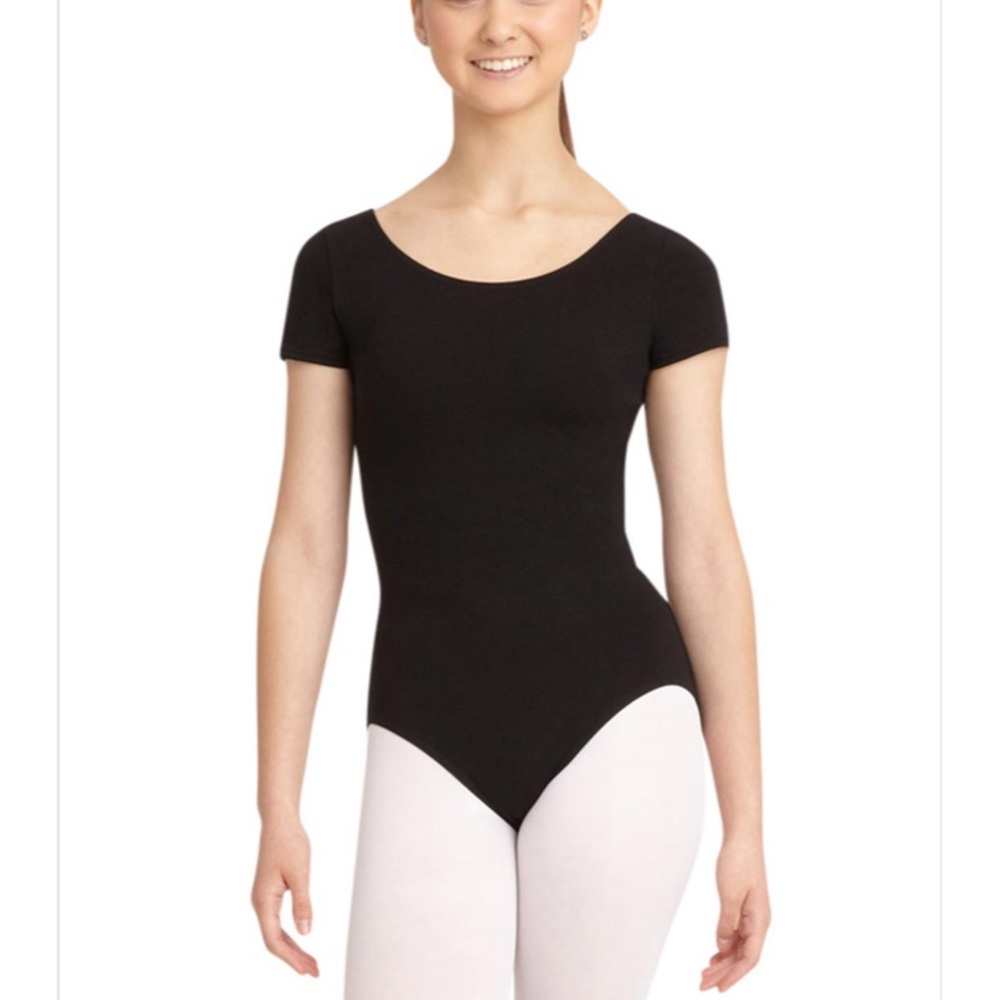 NWT! Capezio black short sleeve leotard with lycra. Inner shelf bra.
